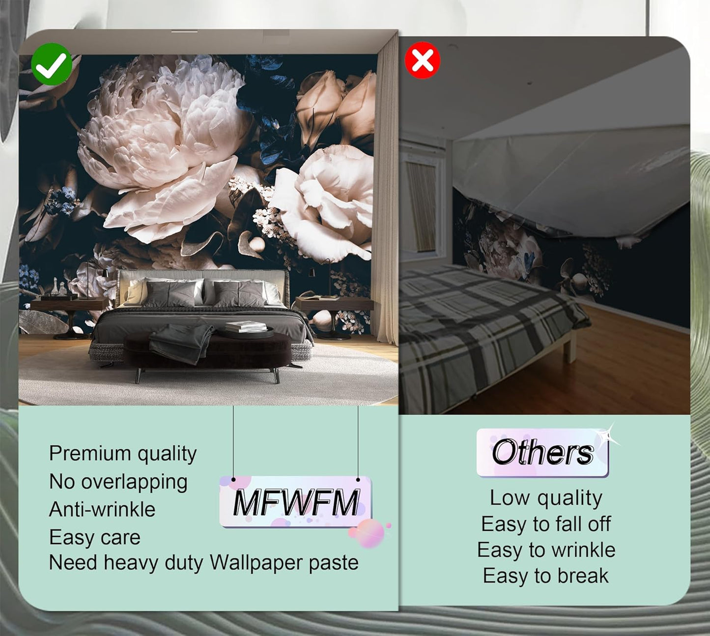 Dark Floral Wallpaper Peony Wall Mural Room Wall Decor(Not Peel n' Stick)