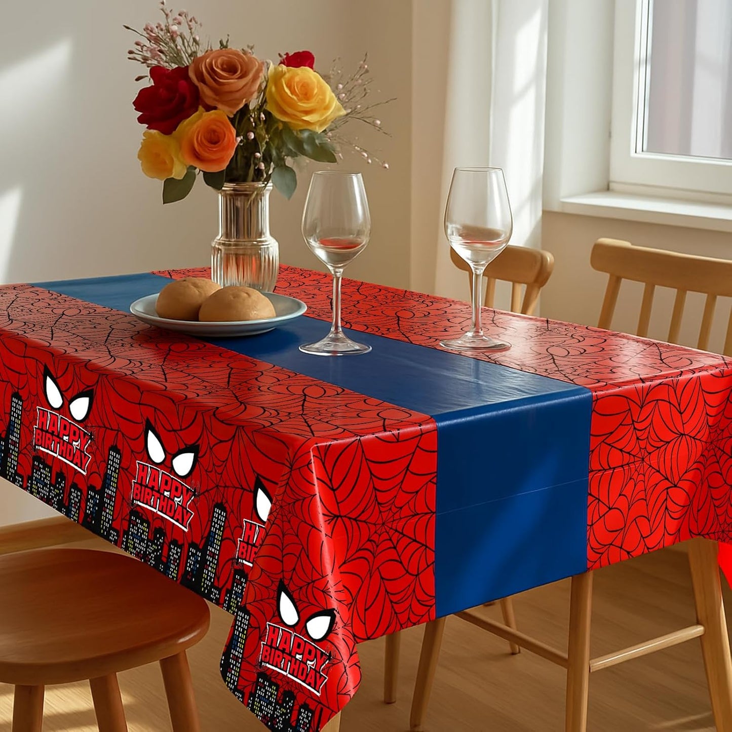 4Pcs 2in1 Spider Birthday Decorations Tablecloths, 54" x 108" Super Hero Spider Table Cloth Disposable Rectangle Plastic Table Cover for Boys Birthday Party Supplies