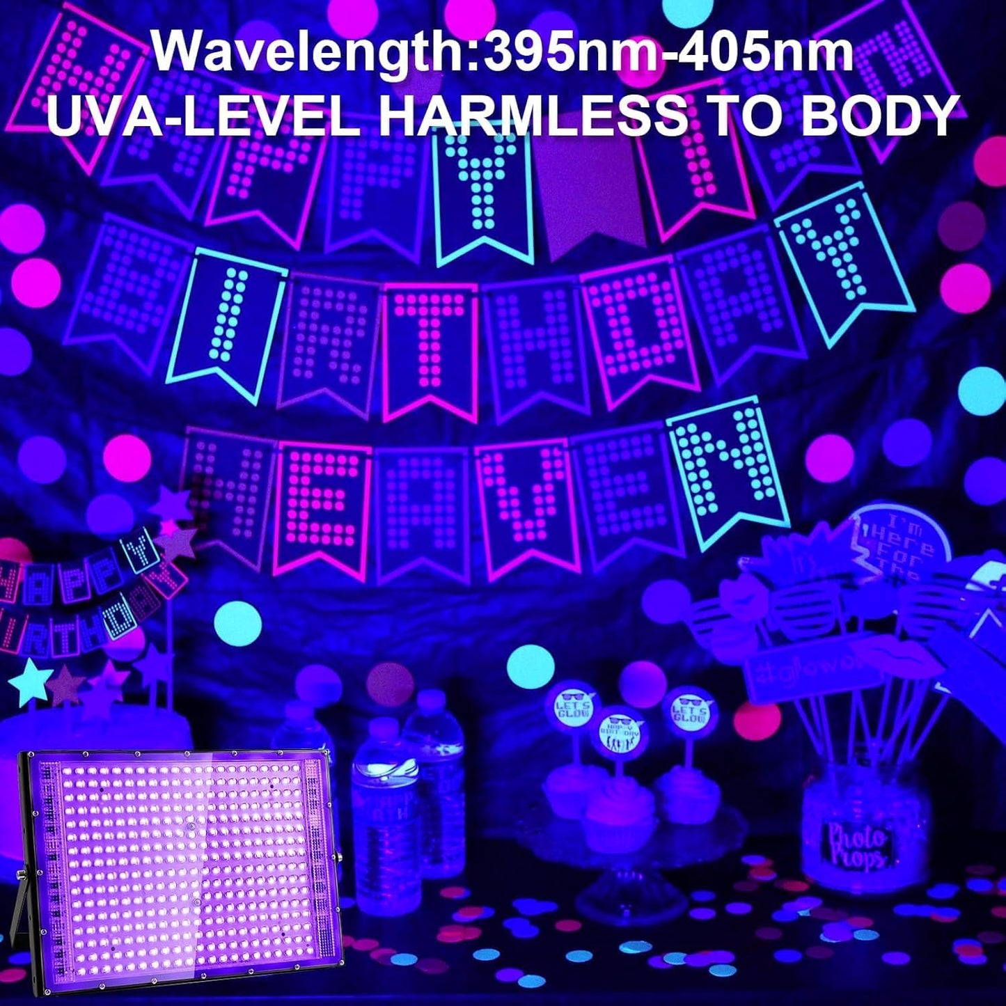 4 Pack 300W Black Lights, Blacklight Flood Light with Plug and Switch,for Glow Party, Black Light Party, Halloween, Body Paint, Neon Glow, Stage Lighting, Fluorescent Poster