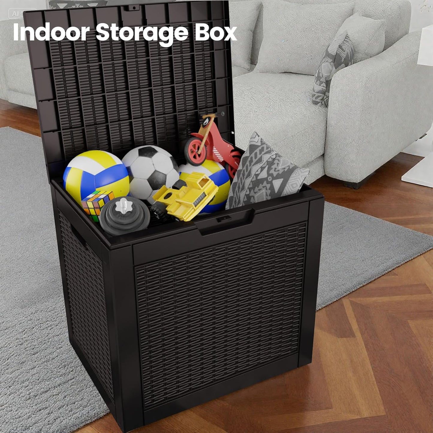 31 Gallon Outdoor Storage Box - Waterproof Resin Rattan Deck Bin for Indoor & Outdoor Use - Lockable & UV Resistant - Ideal for Package Delivery, Patio Cushions & Gardening Tools, Black