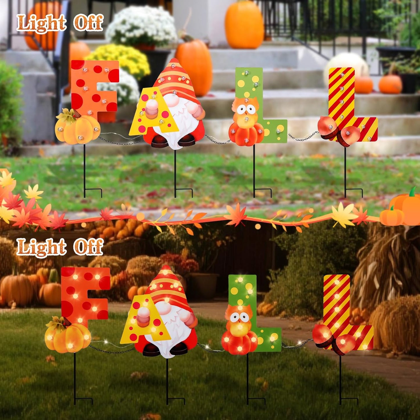WONDER GARDEN Fall Yard Stakes Yard Signs, 4 Pack Metal Thanksgiving Lighted Garden Stakes, Gnome Sign with LED Lights for Harvest,Outdoor, Lawn,Farmhouse Decorations