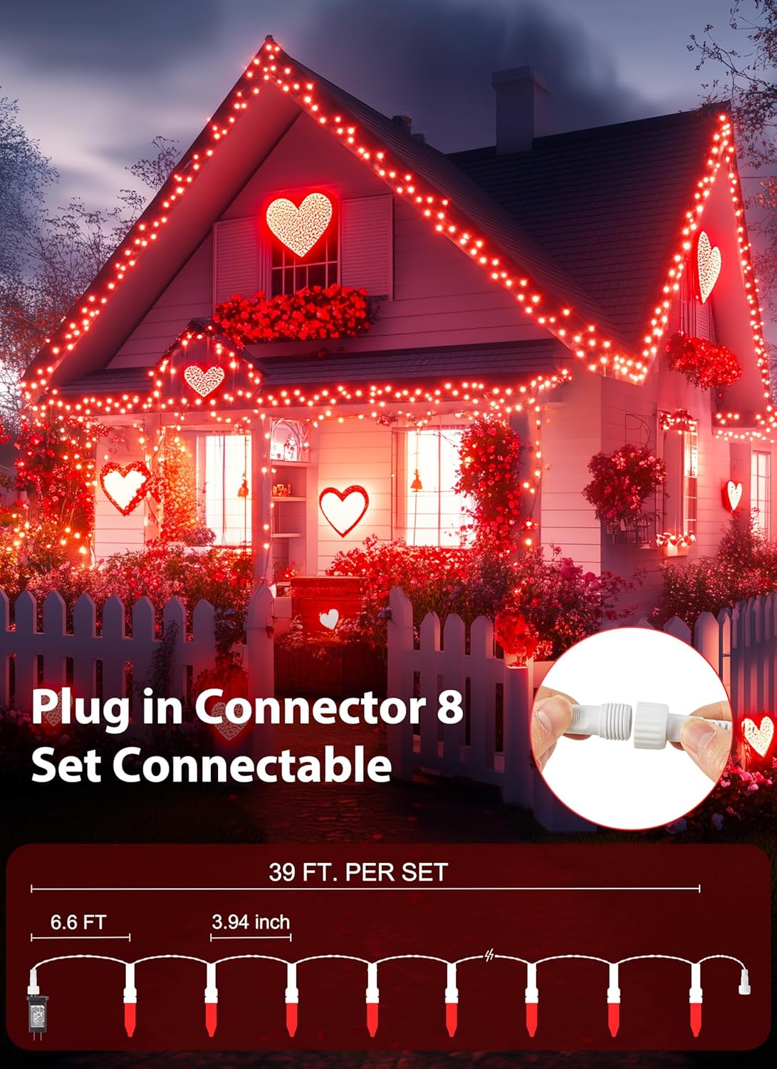 Red Christmas Mini Lights, 39Feet 100 LED Red String Lights with 8 Lighting Modes, Connectable Valentine's Lights for Indoor Outdoor Valentine's Day Garland Wreath Holiday Decoration, White Wire