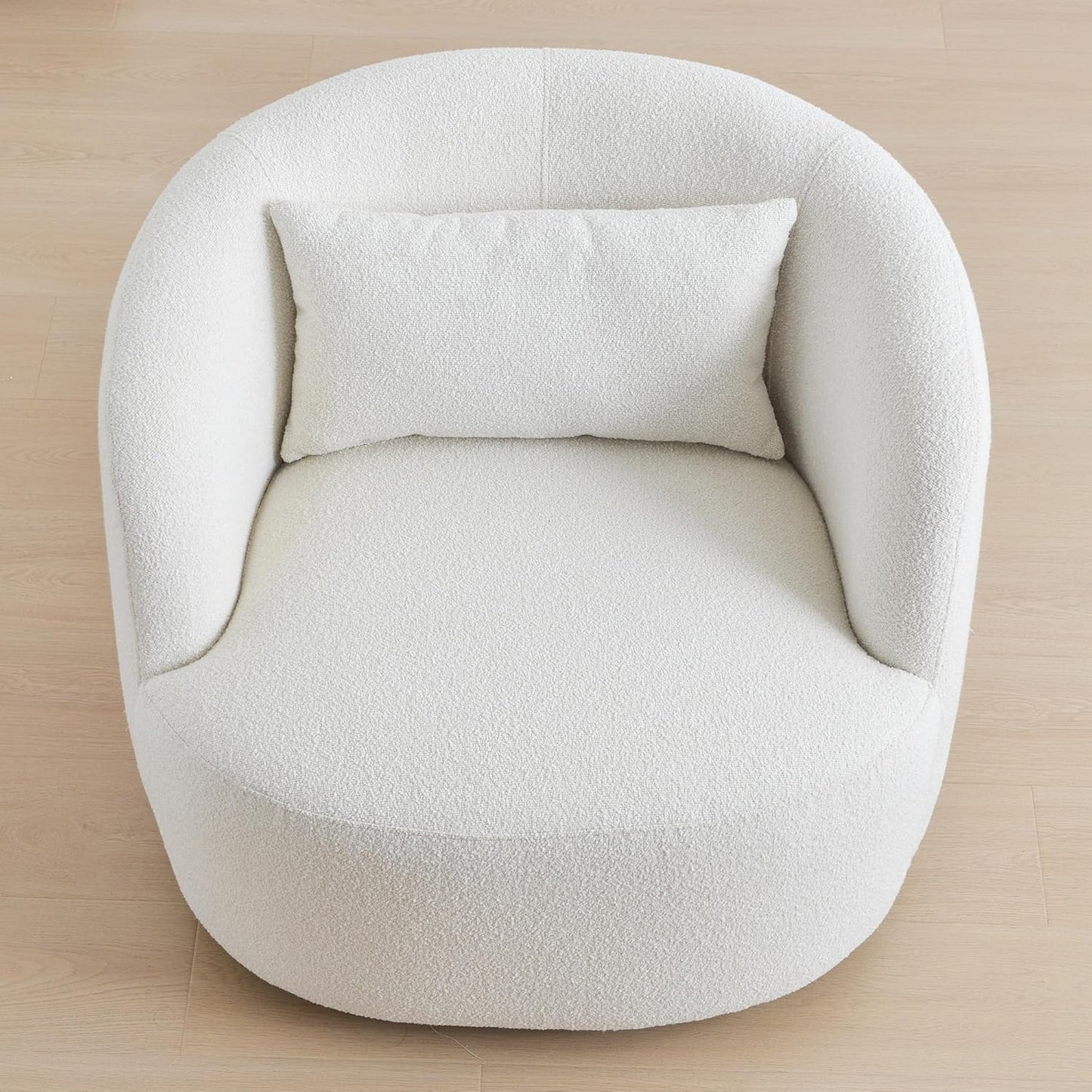 KINWELL 34" Wide Sherpa Swivel Barrel Chair, No Assembly Round Boucle Upholstered Accent Chair Armchair Single Sofa Chair with Toss Pillow for Living Room and Bedroom, Beige