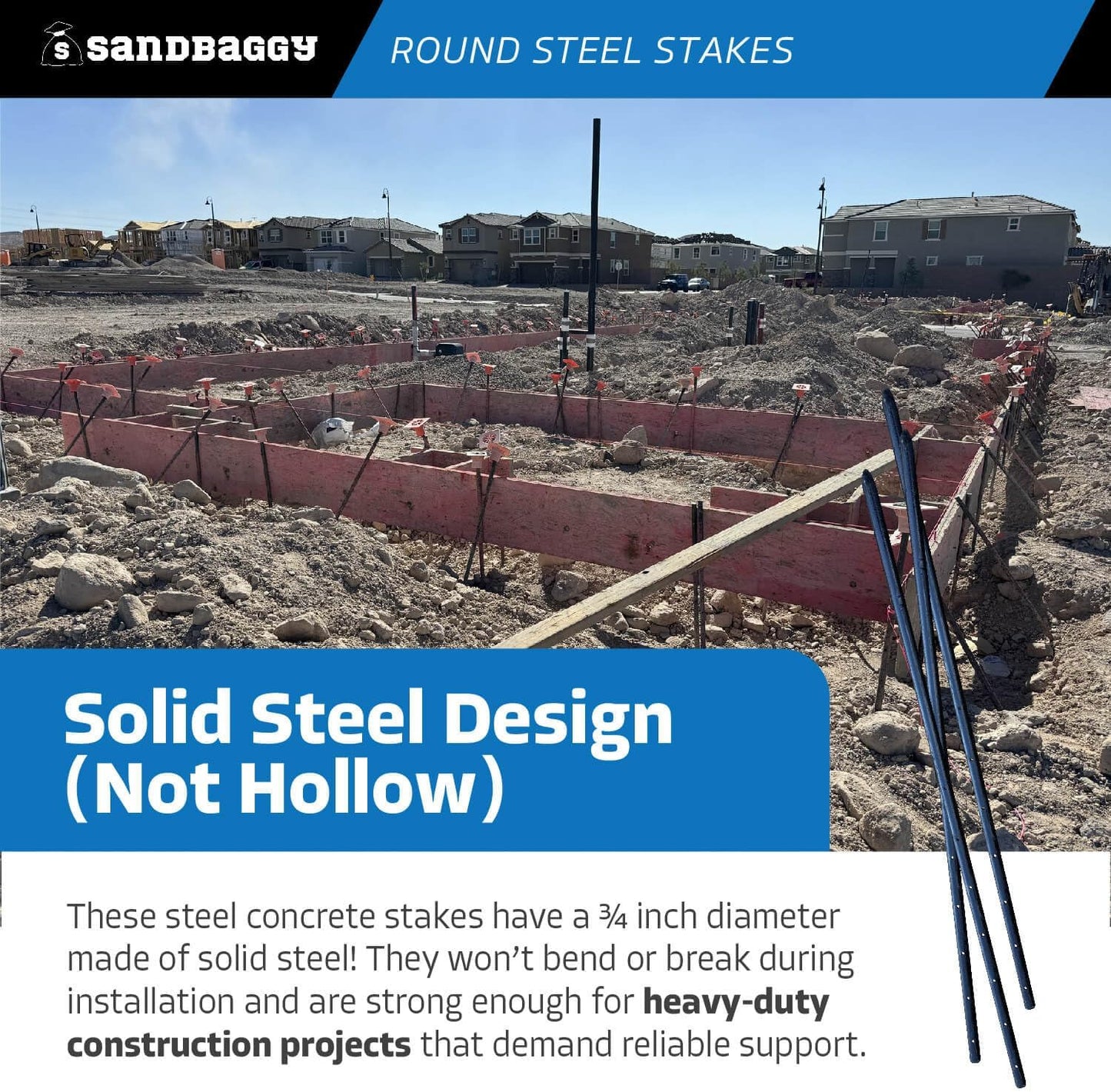 Sandbaggy Round Steel Concrete Form Stakes with Nail Holes - Rust Resistant Coating - Removable, Reusable (50, 3/4 in X 36 in)