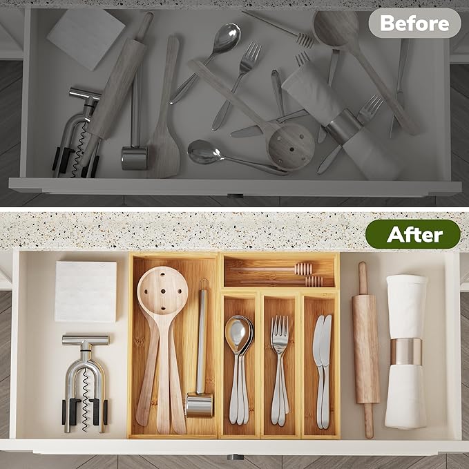 BAMEOS Utensil Drawer Organizer, 5 Slots Silverware Organizers for Kitchen Drawers, Bamboo Flatware Organizer for Knives Cutlery Spoons Forks (Natural)