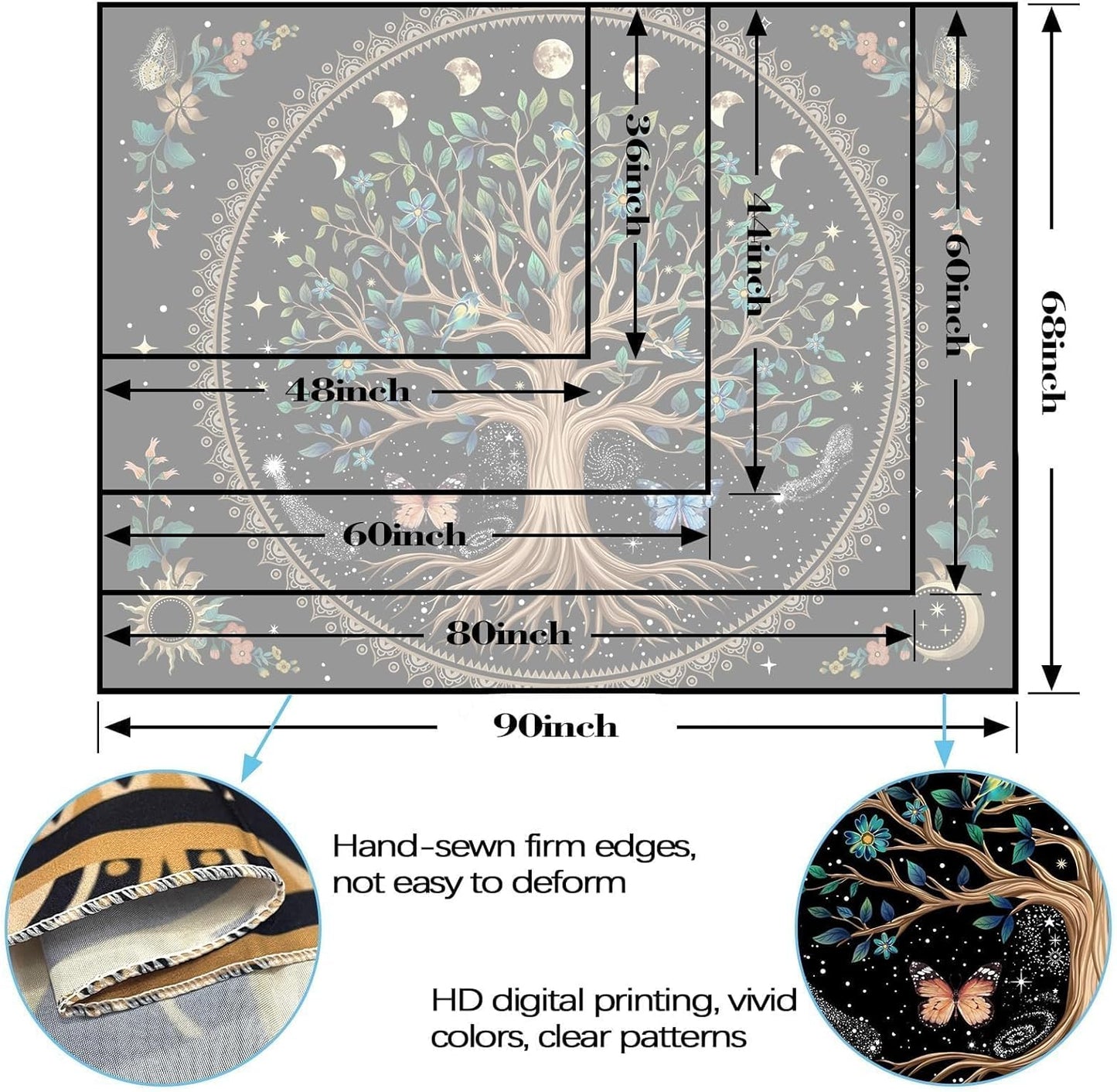 Lunerfex Tree of Life Tapastry Sun and Moon Tapastry Flower Boho Tree Mandala Wall Hanging for Bedroom and Living Room Decor Green Tree 70×90 Inches