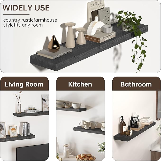 Floating Shelves for Wall, USA-Sourced Fir Wood 24 Inch Wall Shelves Set of 2, Natural Rustic Solid Wooden Floating Shelves Wall Mounted, Nursery Book Storage Shelf, Display Shelf for Bathroom