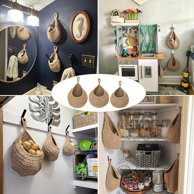 3 Pack Hanging Wall Basket with Hook, 3 Size Wall Hanging Fruit Baskets, Hanging Baskets for Organizing, Hanging Fruit Baskets for Kitchen, Restaurant, Coffee Shop, Party and Garden Decor