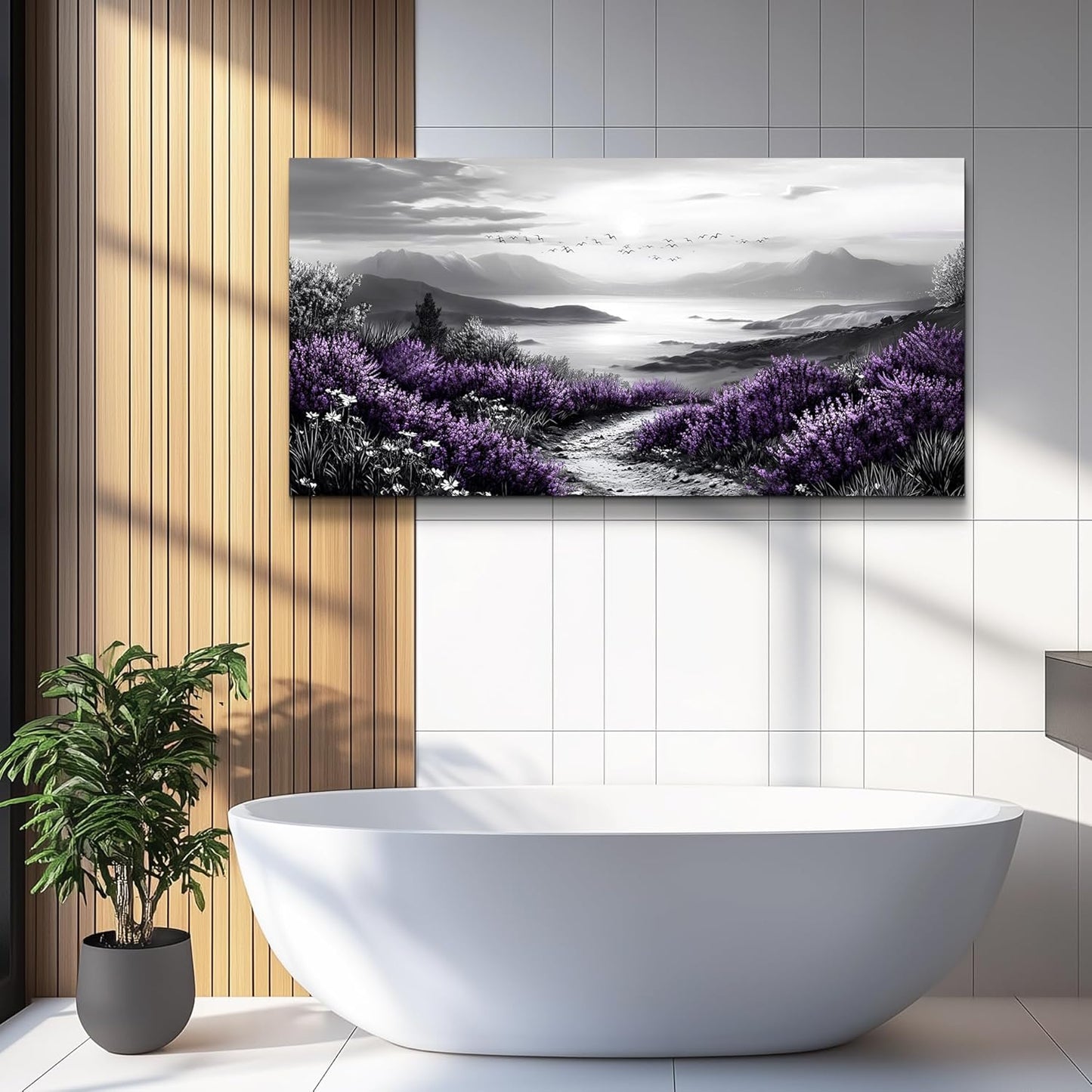 KELIYUAN Black And White Home Decoration Canvas Wall Art For Restaurant Natural Landscape Painting Printing Landscape Purple Grass Picture Suitable For Living Room Bedroom Office Wall Decor 20x40In