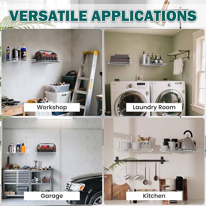 EVERHANGER Garage Wall Shelves 12x18 Inch, Wall Mounted Storage Shelf, Metal Shelf Rack, Heavy-Duty Shelf Organizer 2 Pack, White