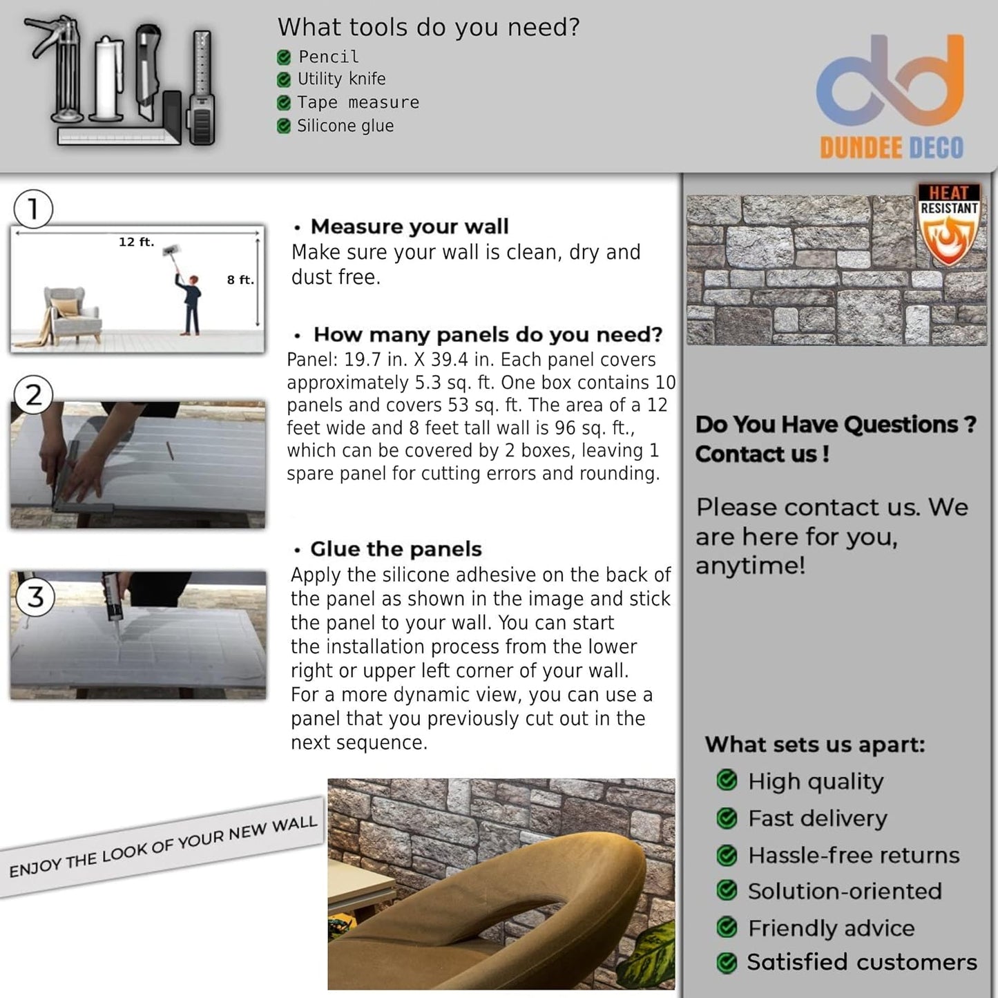 Dundee Deco 3D Wall Panels Faux Brick - Cladding Grey Stone Look Wall Paneling, Styrofoam, Sample, Size 10 x 10 in.