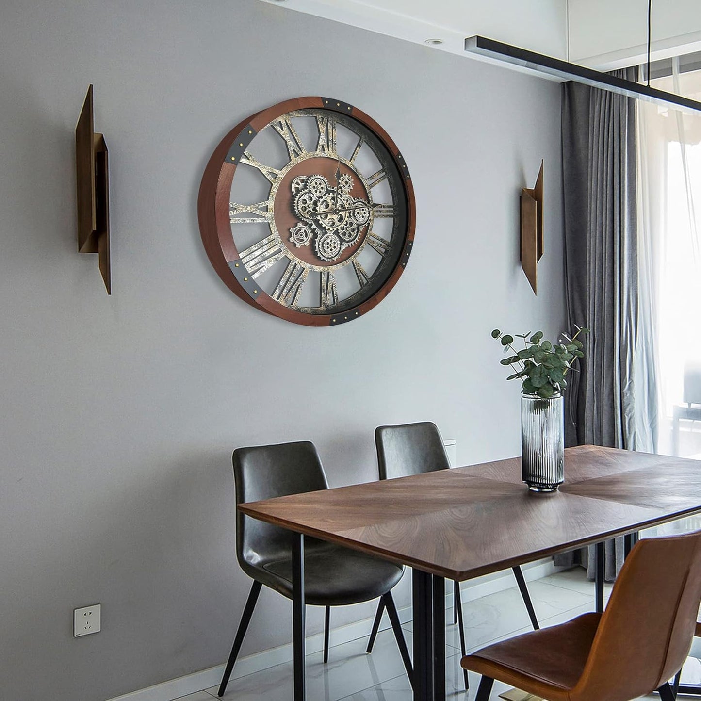 DORBOKER 24" Original Moving Gears Wall Clock, Large Industrial Wall Clock for Living Room Decor,Oversized Wood Vintage Farmhouse Steampunk Rustic Clocks for Wall Decor,Black Walnut