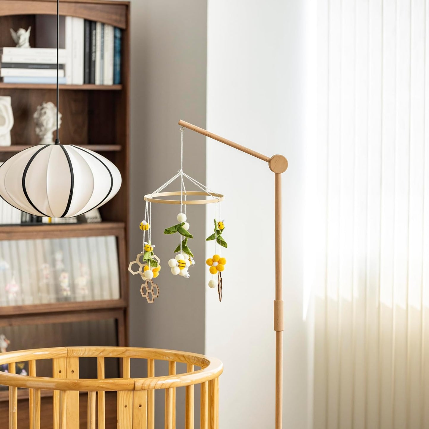 Crib Mobile Arm Wooden Floorstanding - 61 Inches Mobile Arm for Crib|Movable Baby Mobile Hanger|Strong Anti-Dumping Attachment|100% Natural EU Beech Wood|Thicker Wooden Pole|Boho Nursery Decor