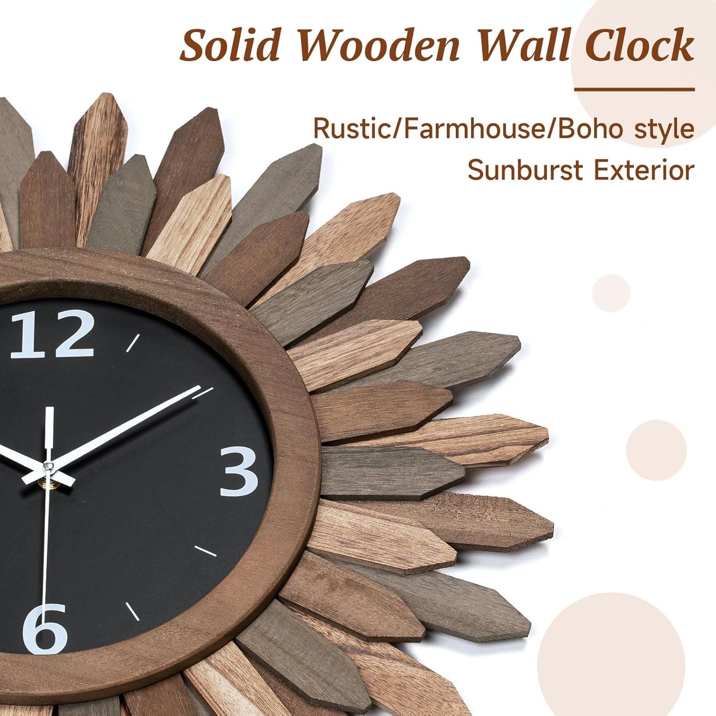 Honiway 14 Inch Wall Clock, Rustic Wood Boho Sunburst Decorative Wall Clocks Battery Operated Silent Non Ticking Farmhouse Small Wall Clocks for Living Room Kitchen Bedroom Home Decor (Tricolor)