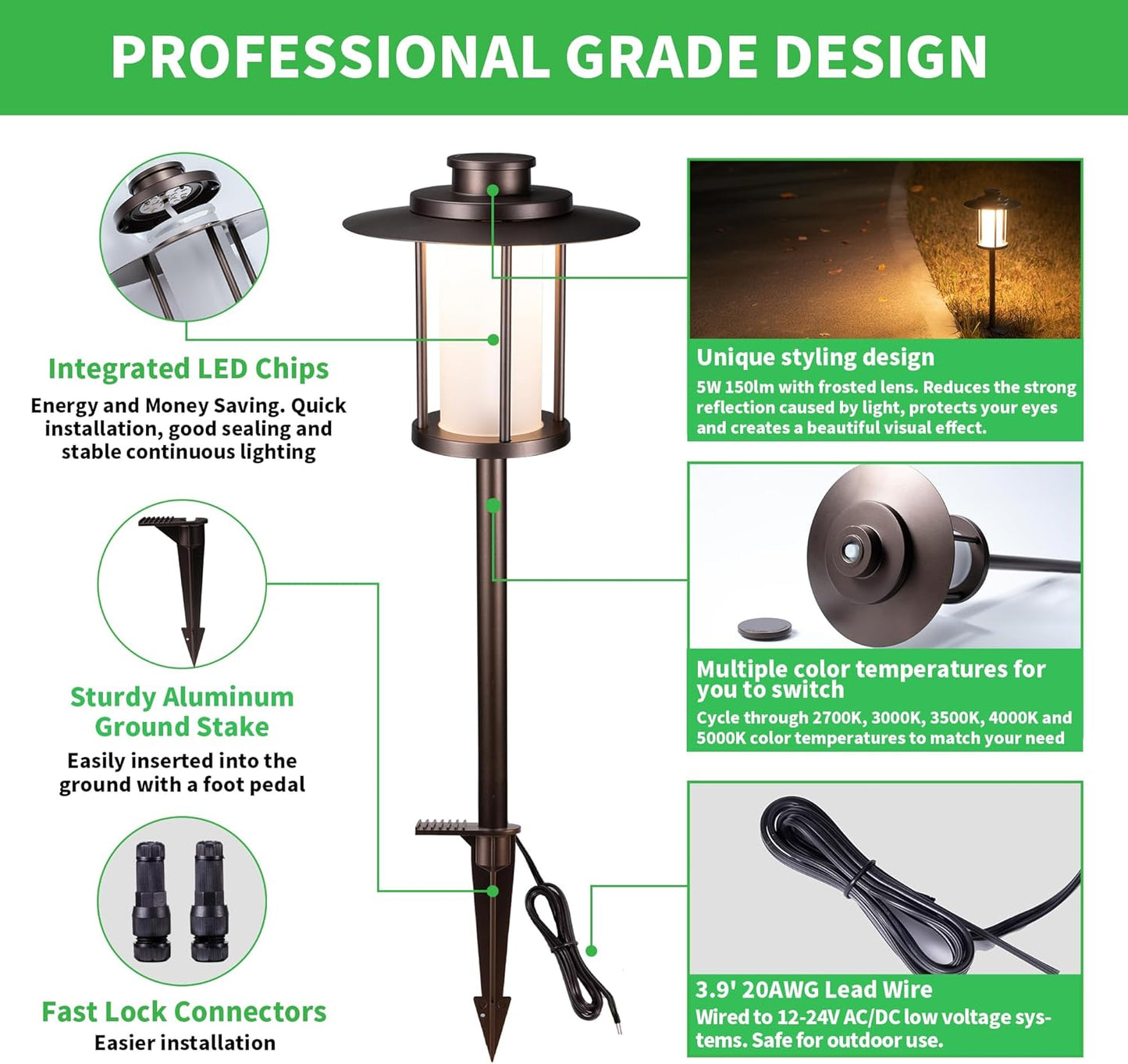 Low Voltage Pathway Lights - 2700K/3000K/3500K/4000K/5000K Selectable Landscape Path Light Wired, 12V IP65 Waterproof Walkway Lamp, Lantern Shape LED Aluminum ORB for Outdoor Yard Garden