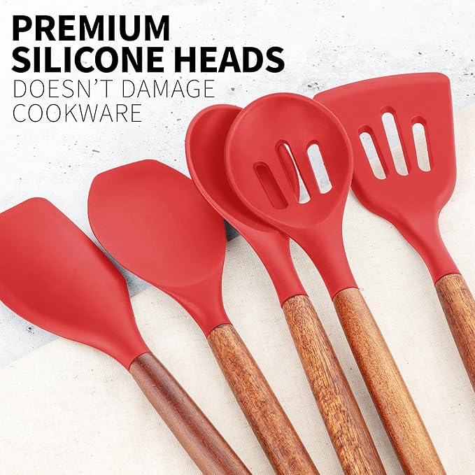 Zulay Kitchen Utensils Set Non-Stick Silicone Cooking Utensils Set with Authentic Acacia Wood Handles - 5 Piece Silicone Utensil Set - Silicone Kitchen Utensils Set with 464°F Heat Resistance - Red