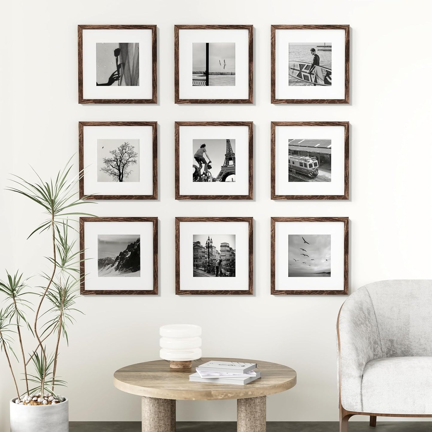 Vittanly 12x12 Picture Frames Set of 9, Shatter Resistant Plexiglass, Display 8x8 Pictures with Mat or 12x12 without Mat, Photo Frames for Wall Mount, Engineered Wood, Brown
