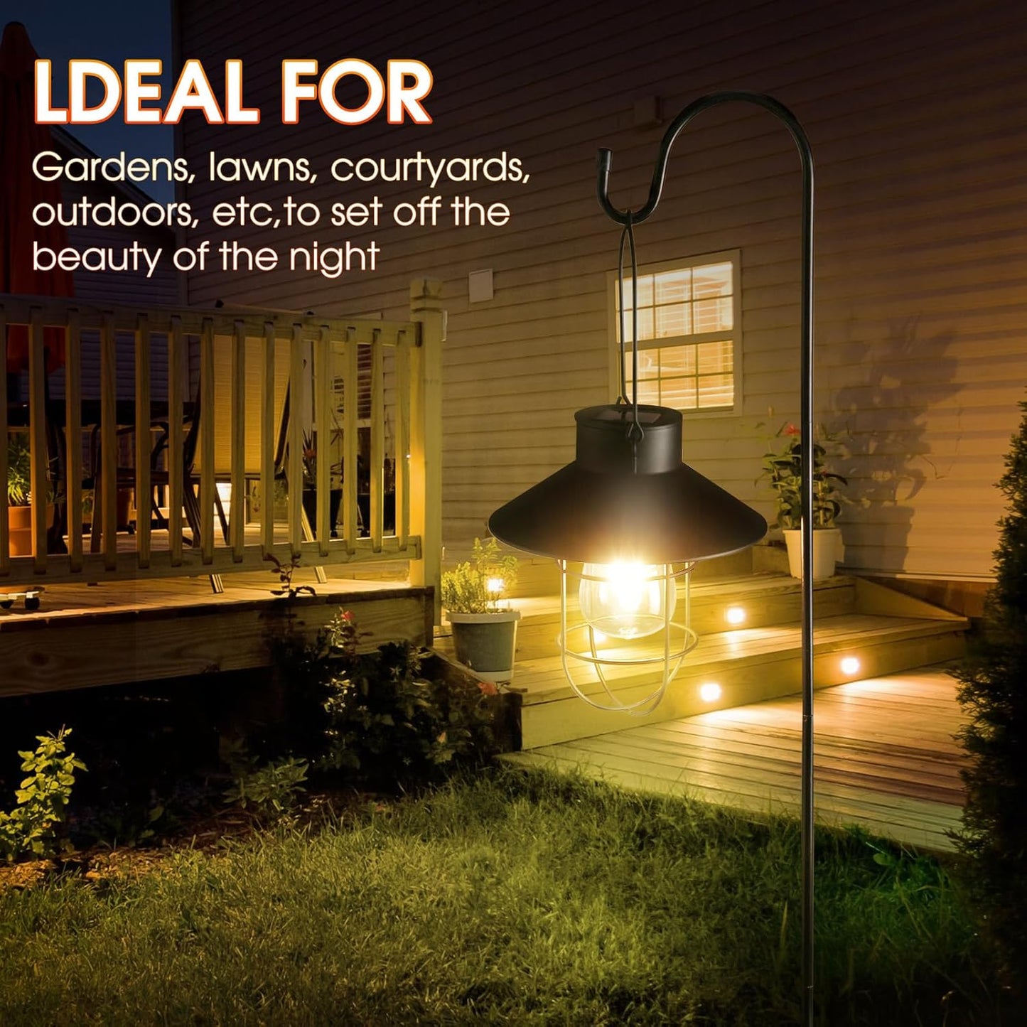 Retisee 4 Pcs Hanging Solar Light 31" Outdoor Solar Lamp Lanterns with Dual Use Shepherd Hook Waterproof Pathway Hanging Lights Metal Garden Lantern for Path Patio Yard Lawn Driveway Markers (Black)