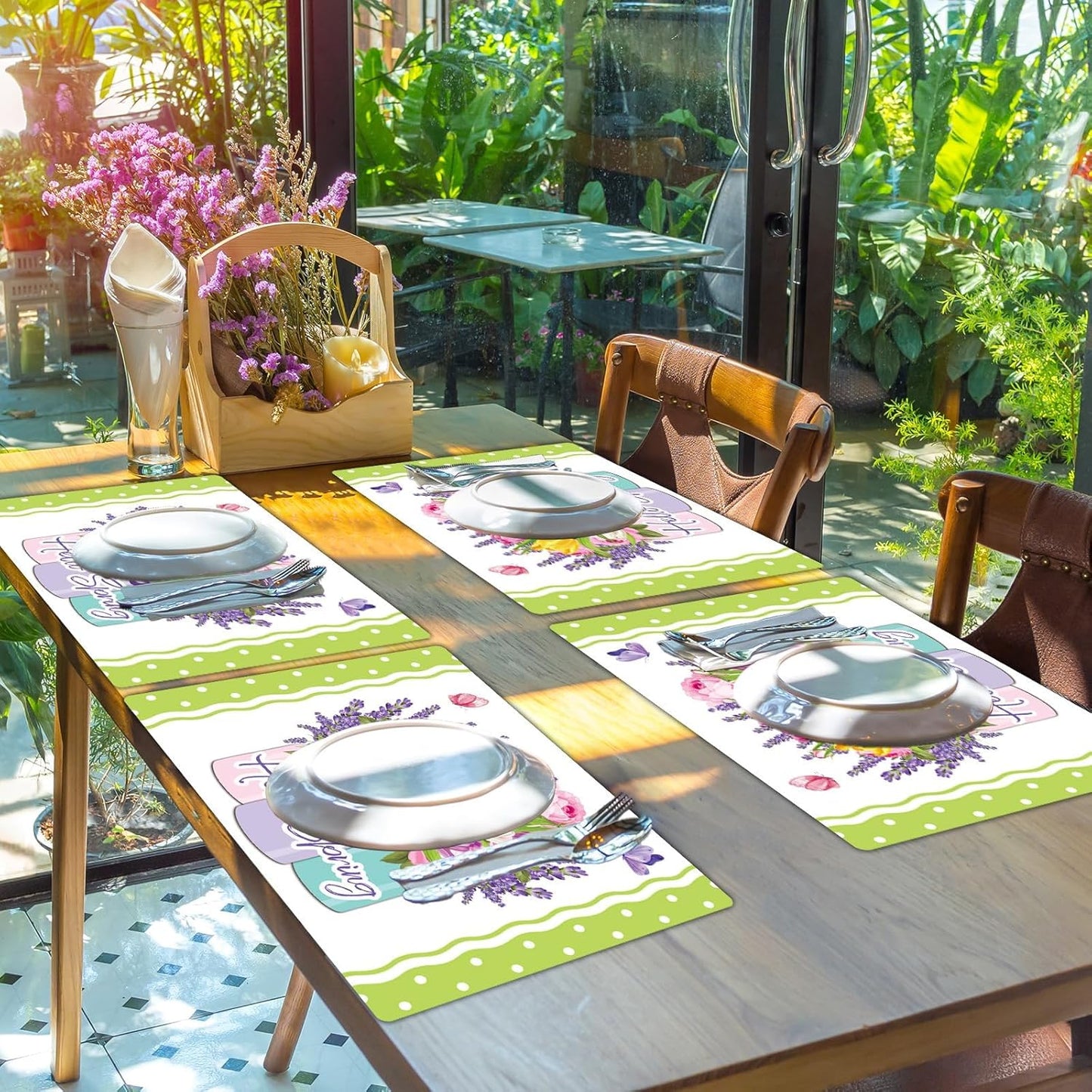 Spring Placemats Set of 6 Easter Plastic Table Mats Tulip Place Mats Washable Vinyl Flower Vase Spring Table Decoration for Indoor Outdoor Party Kitchen Dining