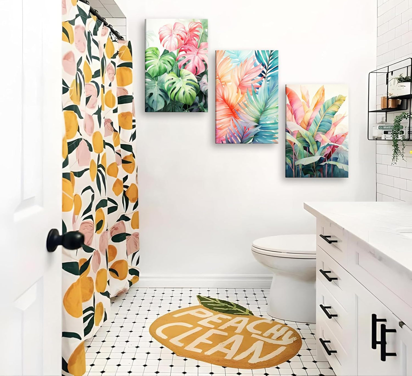 3pcs Framed Tropical Botanical Canvas Wall Art Monstera Leaves Posters Botanical Prints Bohemian style Wall Decor Pictures Palm Leaves Paintings for Bathroom living room Decoration