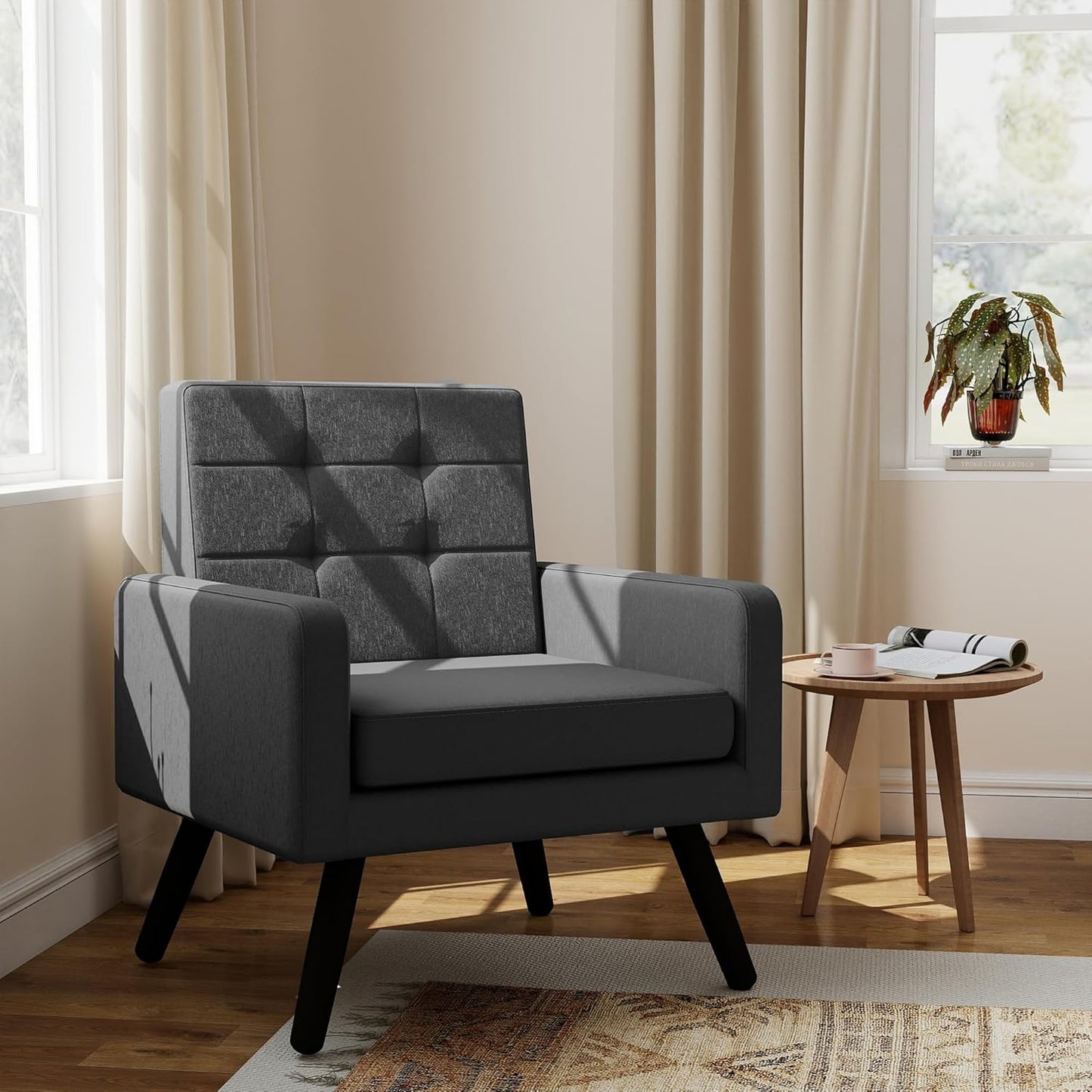 Kromax Mid-Century Modern Accent Chair for Living Room, 496 Lb. Weight Capacity, Dual Armrests, Comfy Extra Large Seat, Timeless Style Perfect for Reading & Relaxing, Dark Grey