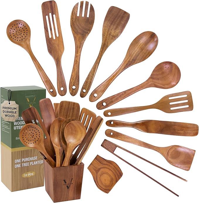 Vasilek Wooden Cooking Utensils Set – 12-Piece Acacia Wood Kitchen Utensil Set with Square Holder & Spoon Rest, Non Toxic Wooden Tools for Nonstick Cookware, Spatula, Ladle, Serving Spoon