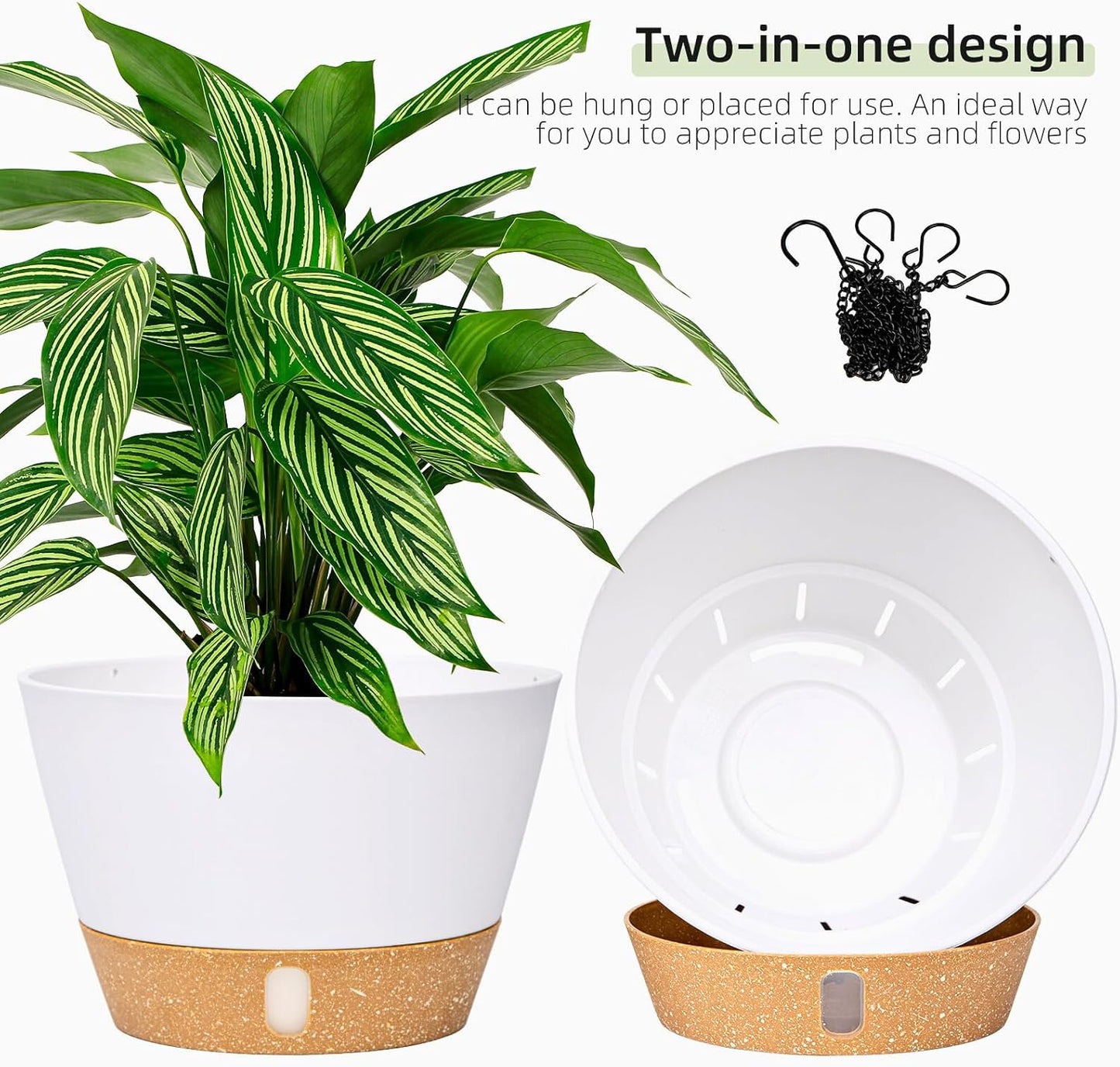 QCQHDU 2 Pack Hanging Planters for Indoor Outdoor Plants, 10 Inch Hanging Baskets Flower Pots with Reservoir Tray & Visible Water-Level