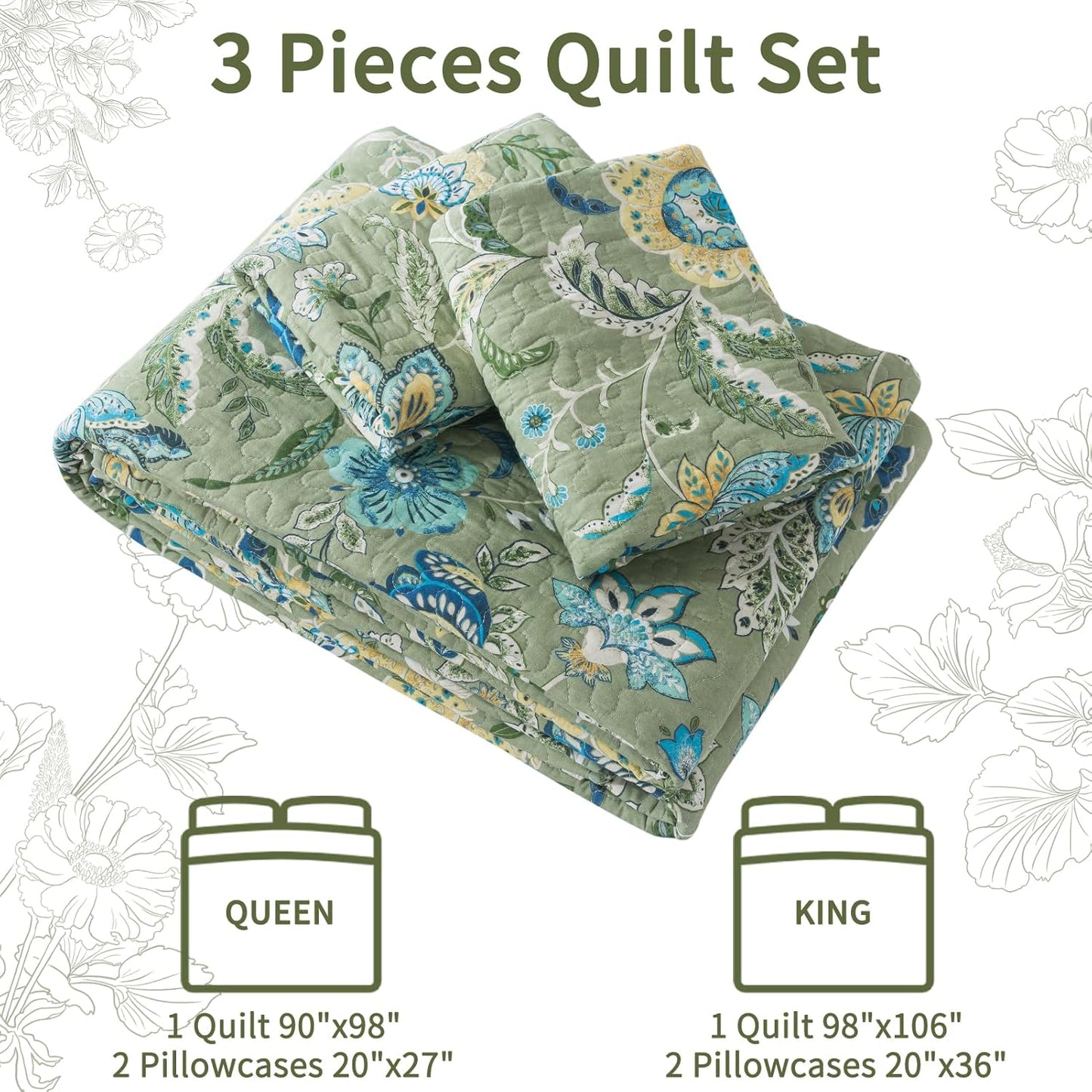VAPUTAR King Quilt Bedding Set - Cotton Bedspreads King Size (98 x 106 inch) with Floral Pattern, Farmhouse Lightweight King Size Quilt Suitable for All Season(3 Pieces, Olive Green)