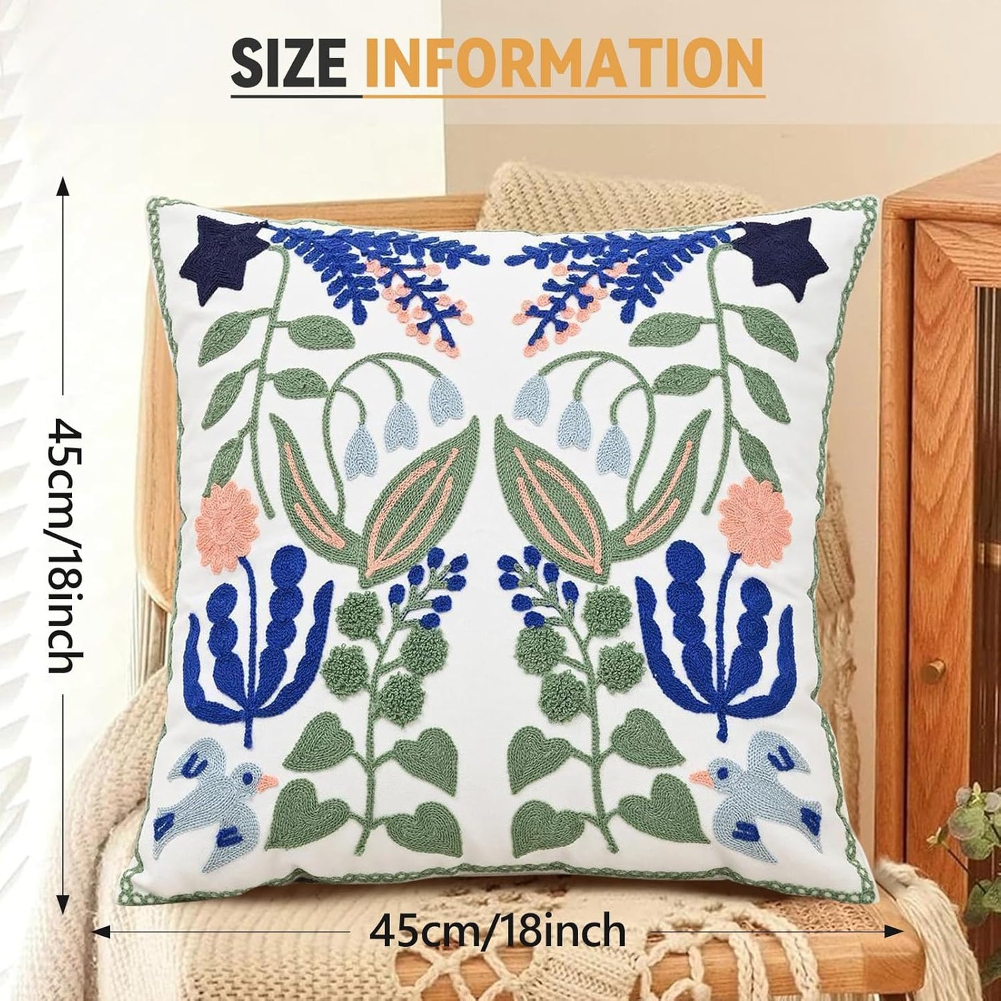 Embroidered Throw Pillow Case Spring Romantic Flower Cushion Cover Farmhouse Woven Printed Pillowcase for Living Room Sofa Floral Breeze