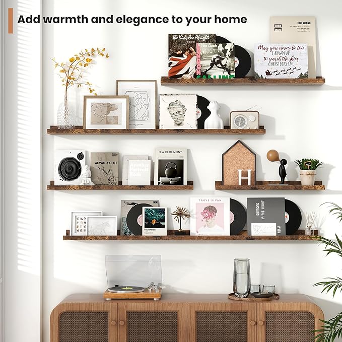 Fun Memories Picture Ledge Shelves Set of 2, 55 Inch Rustic Wall Mounted Floating Shelves with Lip for Home Storage and Décor in Bathroom, Kitchen, Nursery, Bedroom, Living Room, Brown