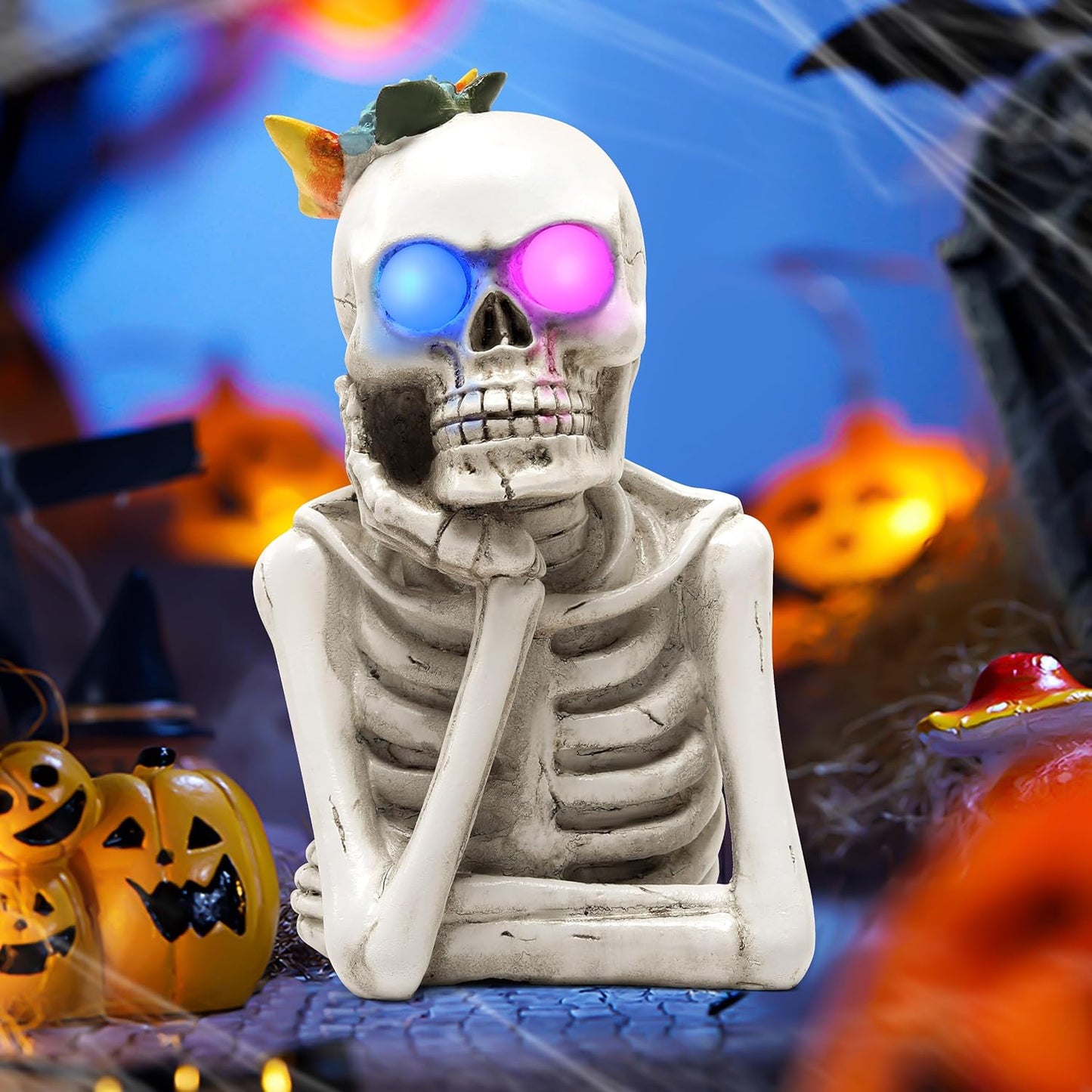 Halloween Skeleton Light Statue, Scary Resin Skull Figurines with Light Up Eyes Decorations for Home Table Kitchen Party Battery Operated Skull Lighting Changes Decor