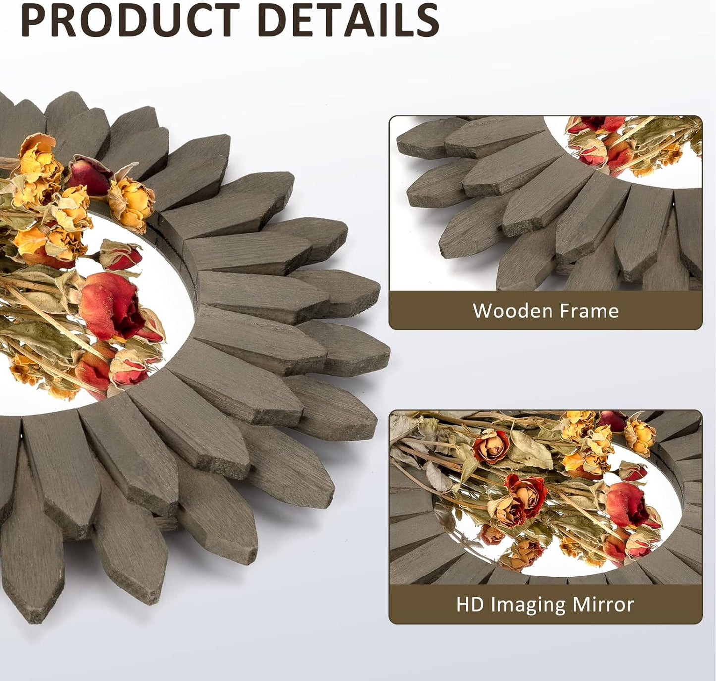 Honiway Farmhouse Wall Decor Mirror 12 inch Sunburst Boho Wood Mirror Rustic Home Decor Room Decoration for Bedroom Living Room Weathered Grey