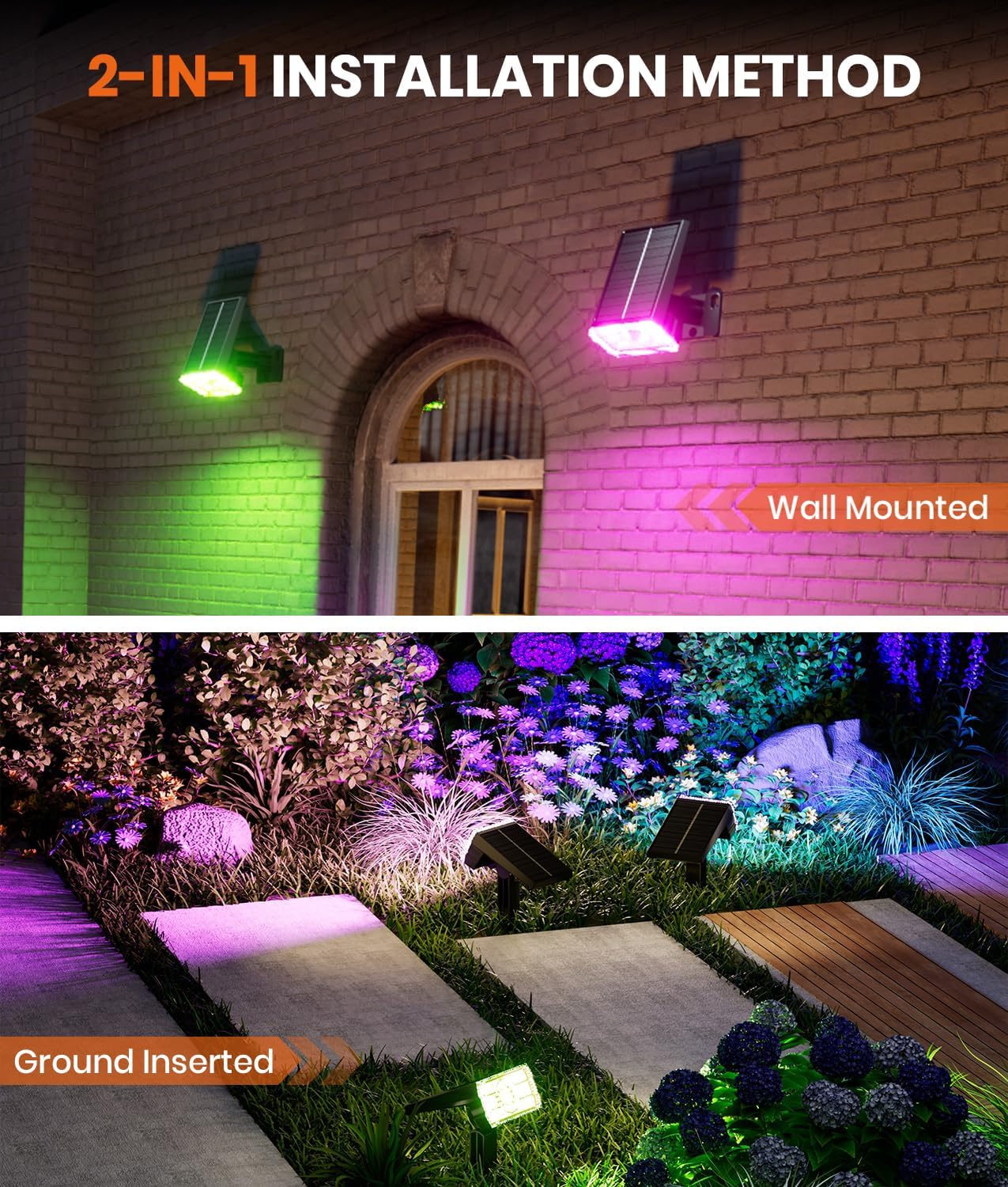 Solar Spot Lights Outdoor 2-Pack Multicolor IP65 Waterproof RGB - 6 Colors, 2 Modes, 105° Adjustable 58 LED Flood Lights, Solar Powered Spotlights for Yard, Garden, House & Landscape Lighting Outside