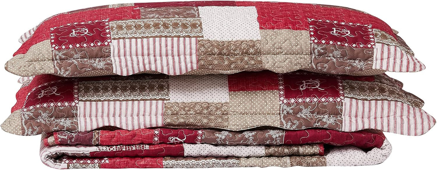 Brilliant Sunshine Burgundy Heart Love, Floral and Lace Patchwork, 3-Piece Quilt Set with 2 Shams, Reversible Bedspread, Soft Lightweight Coverlet, All-Season, King, Burgundy