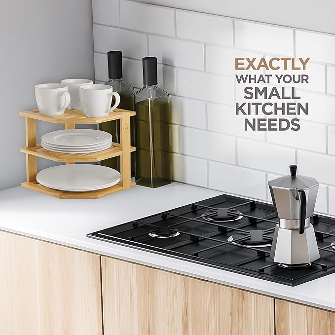 Cabinet Organizer Shelf - Bamboo Corner Rack for Kitchen Counter, Cabinet Space Saver for Plates, Dishes, Bowls, Bread - Pantry and Bathroom Storage or Countertop - Useful Home & Housewarming Gift