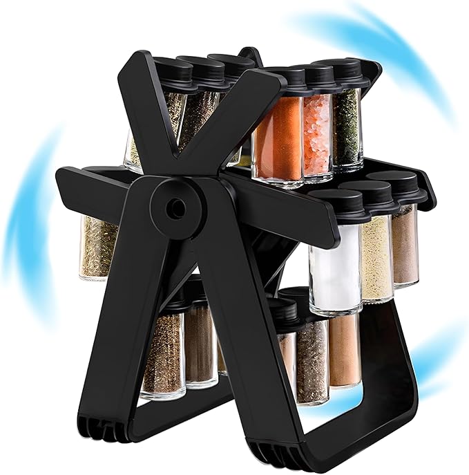 Rotating Spice Rack - Revolving Ferris Wheel Countertop Spice Organization with 18 Glass Spice Jars Countertop Spice Storage Rack for Families Kitchen