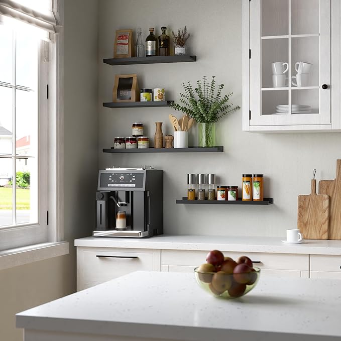 RICHER HOUSE 3 Set Floating Shelves for Wall, Black Wall Mounted Shelves with Lip for Storage, Display Picture Ledge Shelf for Bedroom Bathroom Kitchen Living Room Decor, Modern Grey