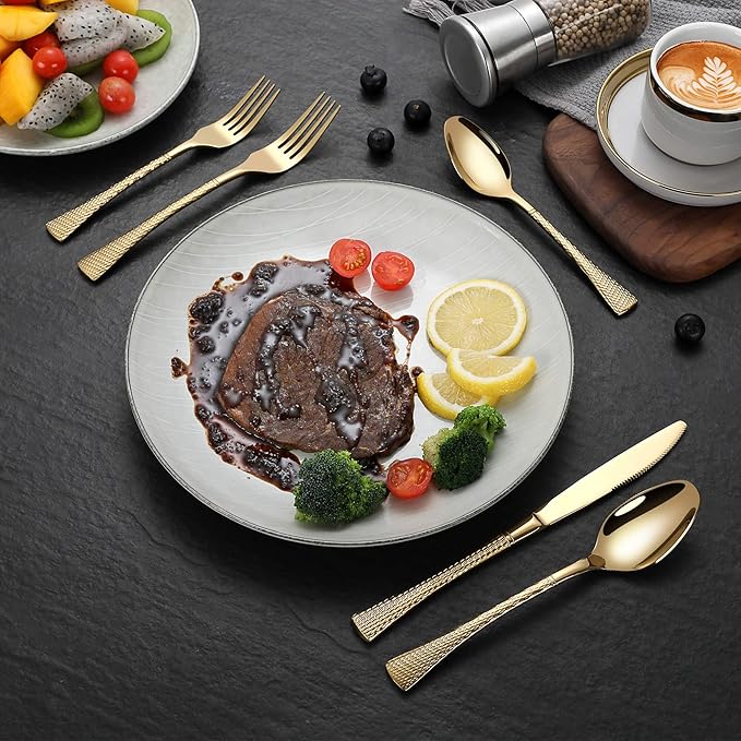 Hammered Gold Silverware Set for 8,Stainless Steel 40-Piece Modern Cutlery Set,Mirror Polished Heavy Duty Flatware Set Utensil Set,Knives Spoons and Forks Set,Dishwasher Safe