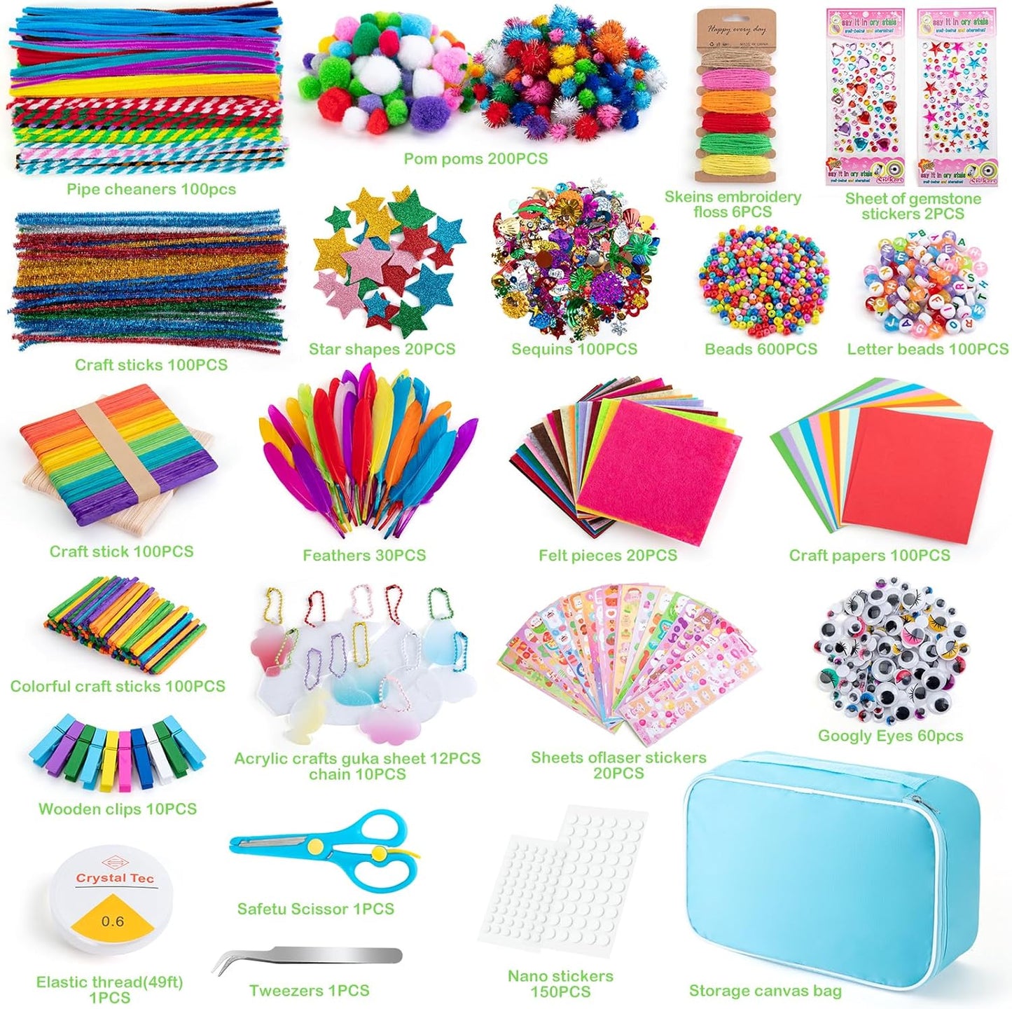 Sundaymot Arts and Crafts Supplies for Kids, 2000+Pcs DIY Craft Kits, Ages 6-10, Unisex, Multicolor, Modern, Includes Oxford Cloth Bag, Safetu Scissors