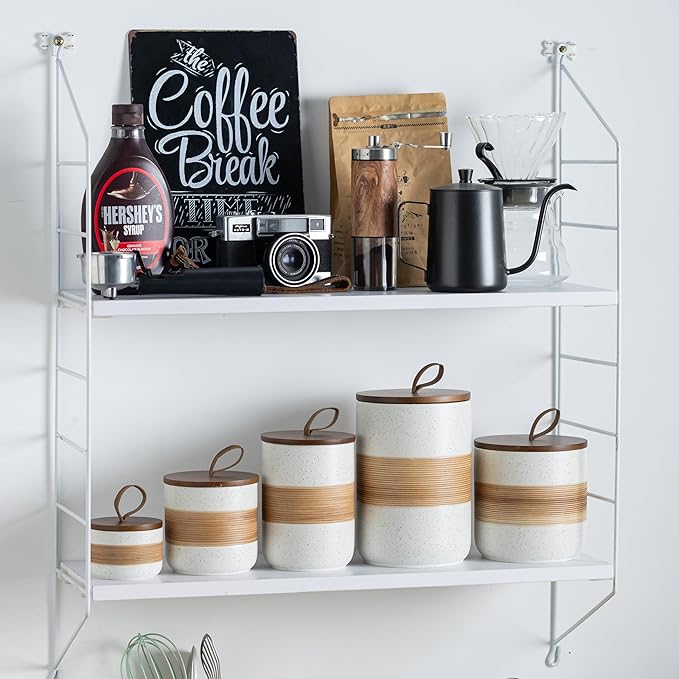 Ceramic Jar with Lid, Coffee Container Kitchen Food Storage Jars for Spice Sugar Tea Bag, Stackable Decorative Jars for Countertop, White & 18oz