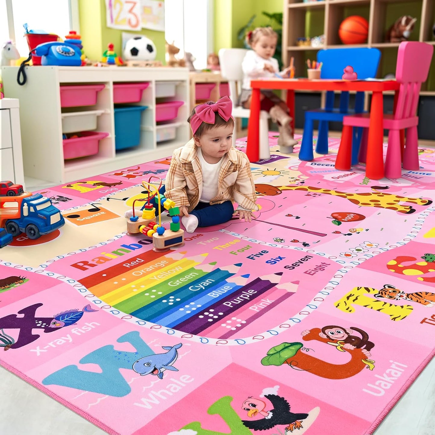 Kids Rugs for Playroom Bedroom Classroom Nursery, Non-Slip and Washable Rugs for Children Toddlers Girls, Educational and Fun Rug Carpets with ABC Alphabet Animals Shapes, 6x9, Pink