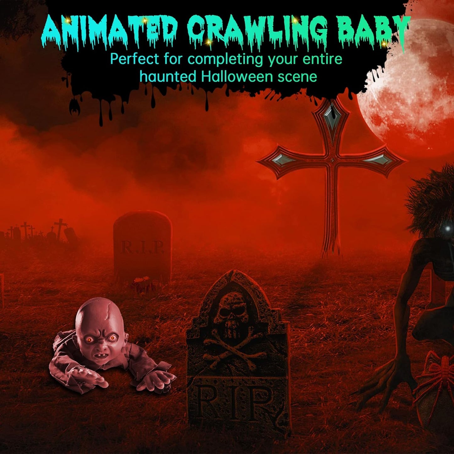 AW Halloween Animated Decoration Crawling Baby Zombie Scary Sound Sensor Activated Ghost Baby Doll Haunted House Flashing Eyes Party Outdoor Decor 2025