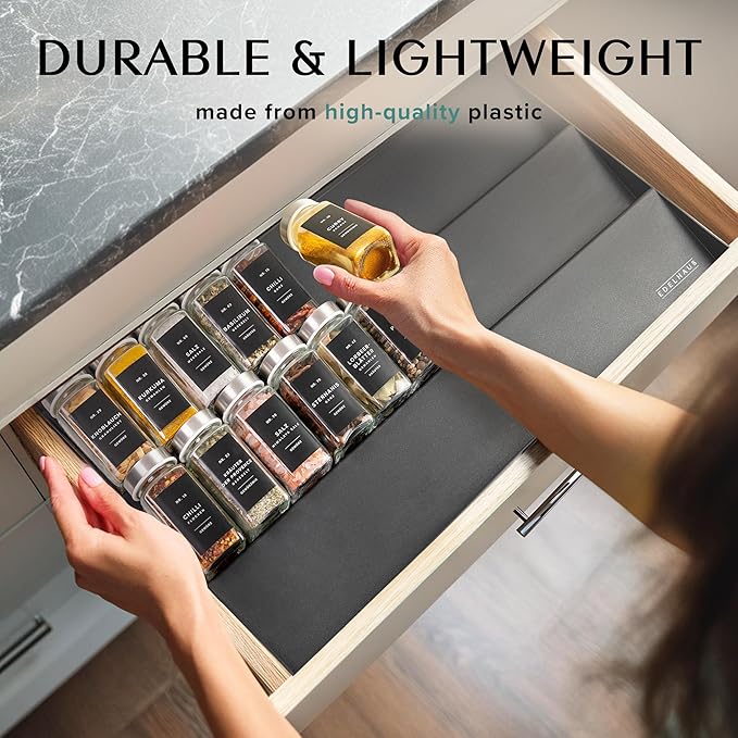 Spice Drawer Organizer - Expandable Spice Rack for Drawer, Black Seasoning Organizer for Drawer Spice Organizer, Spice Organization Seasoning rack insert for Cabinet (Jars Not Included)