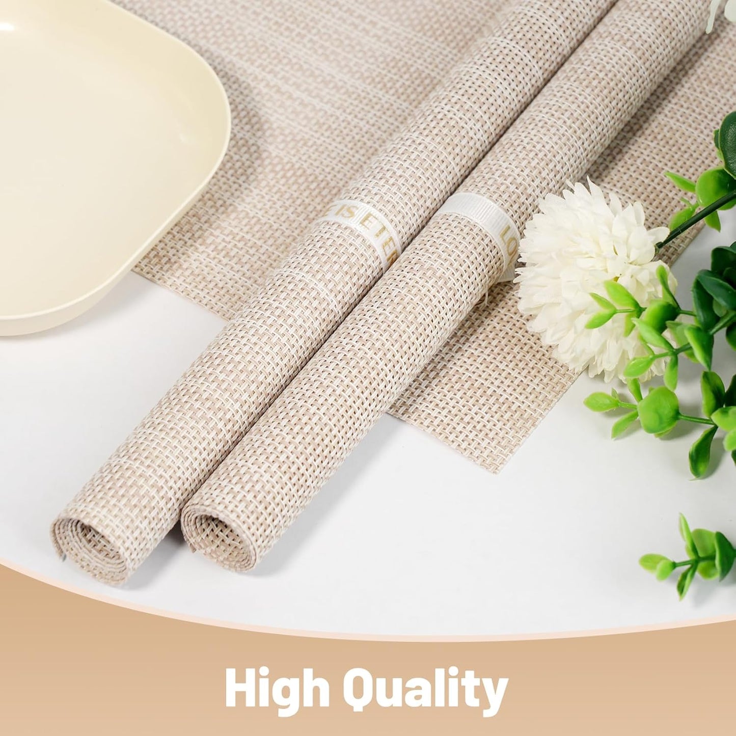Placemats Set of 8,Non-Slip PVC Weave Table Mats Easy to Clean,Heat Resistant Place Mats for Kitchen Dining Table Decoration Indoor Outdoor,Beige White