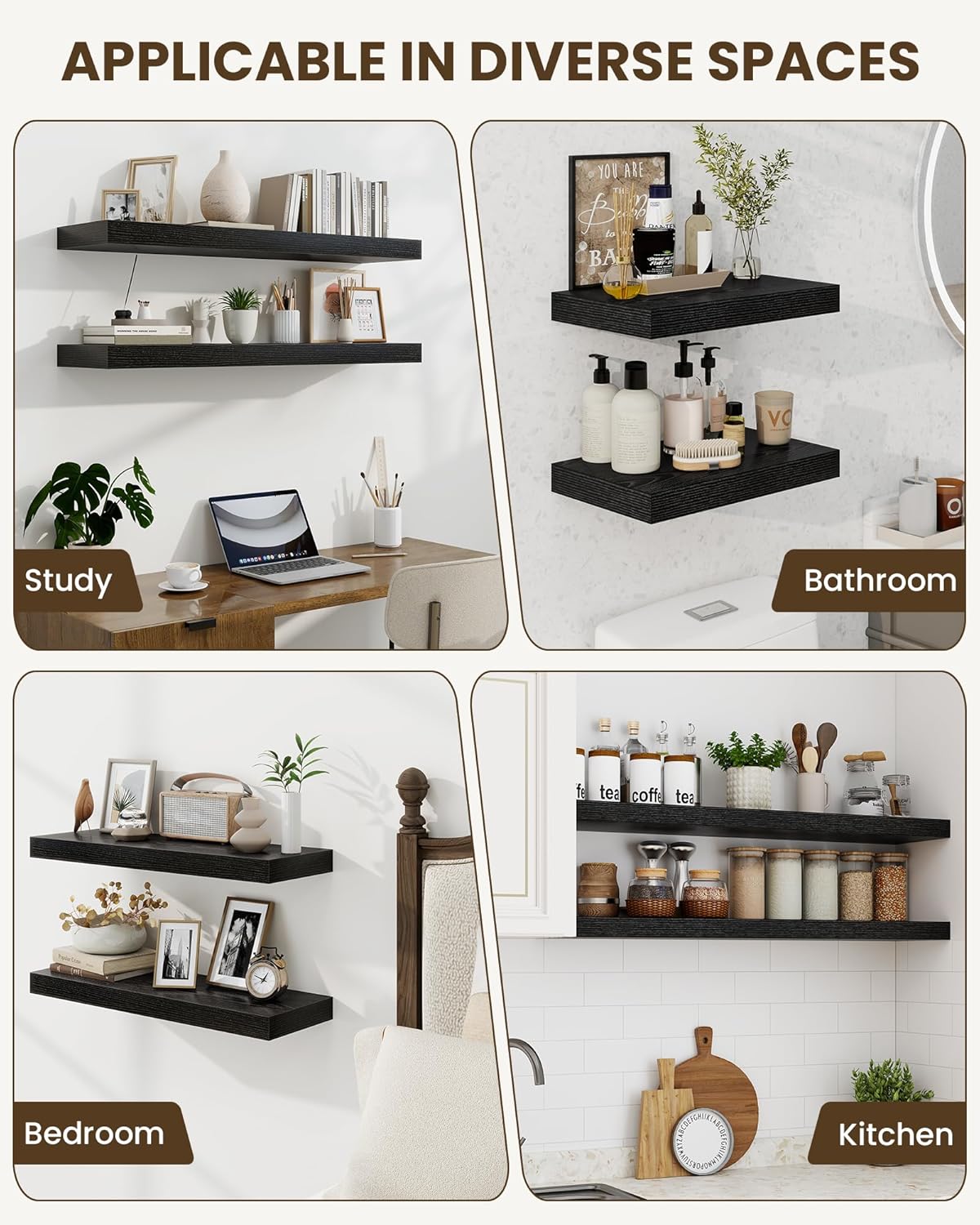Marsmiles 6.7" Floating Shelves for Wall, Wooden Shelves with Invisible Brackets Set of 2, Rustic Farmhouse Wall Mounted Shelf for Kitchen Bathroom Living Room Study, Black