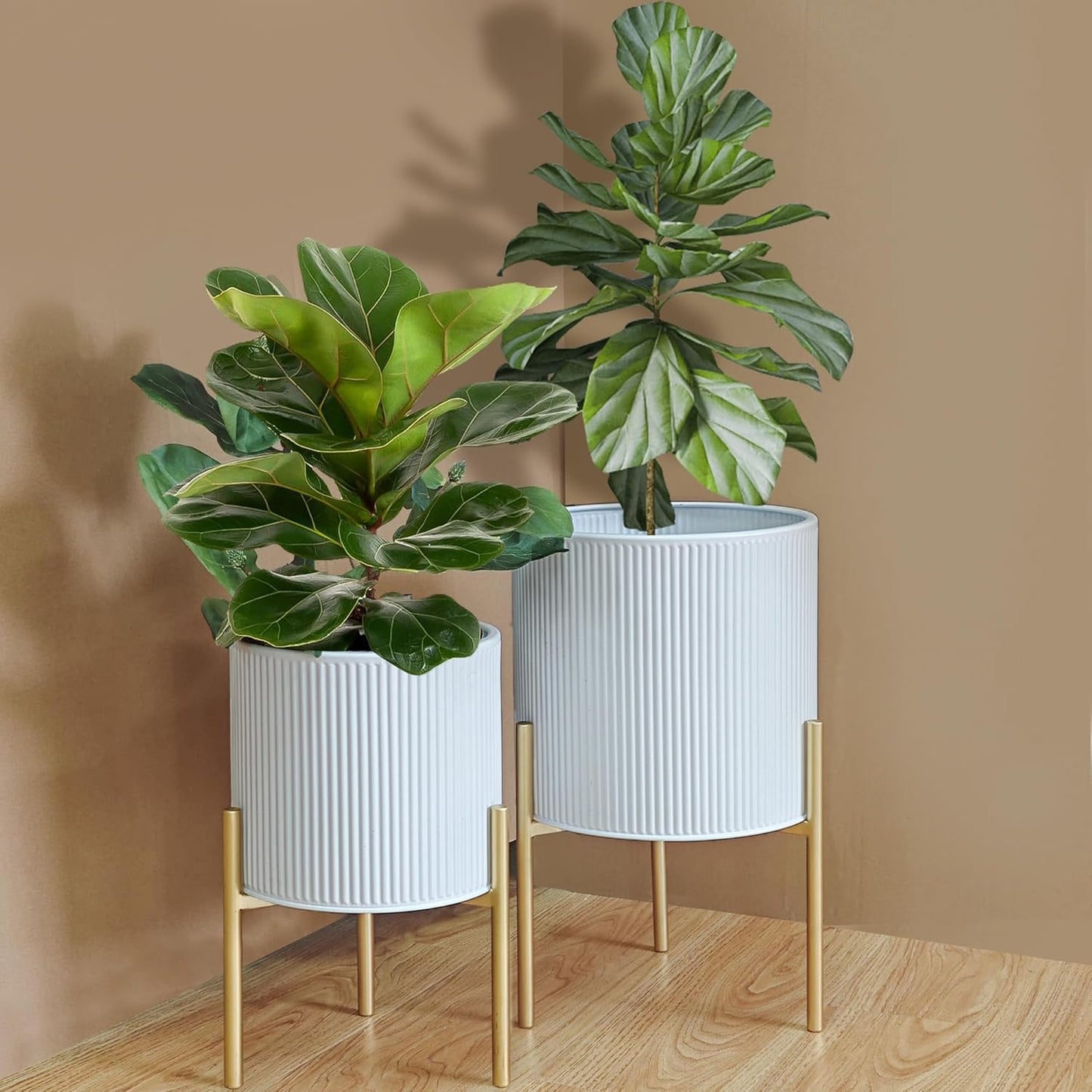 ARNIS Modern Plant Pots, Set of 2 Round Large Planters with Stand, Large Size Metal Pots with Drainage Holes for Living Room, Office, Garden or Balcony, 10.5 &12.25 Inch, White & Gold