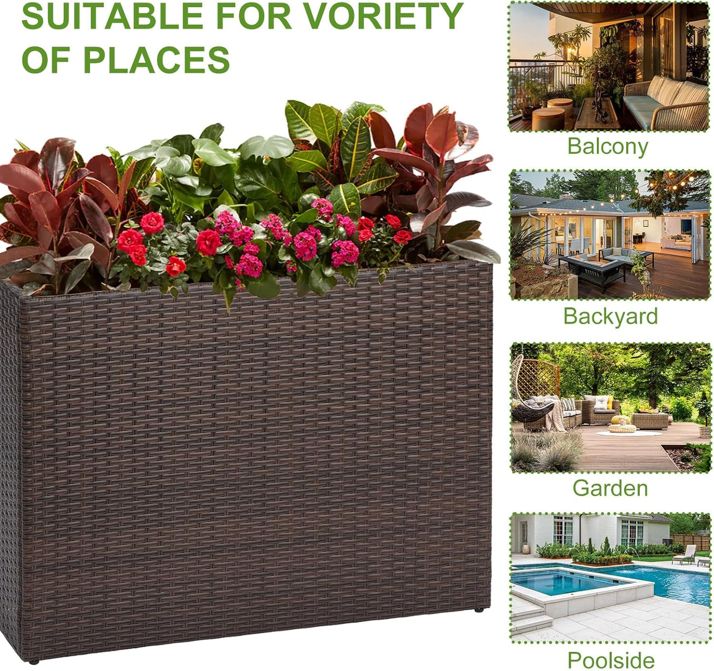 LEWIS&WAYNE Large Rectangular Block Planter Box Handmade Wicker Tall Planters for Outdoor Plants with Removable Liners Modern Planter for Indoor Outdoor Patio Deck - Brown, 38''x11''x30''