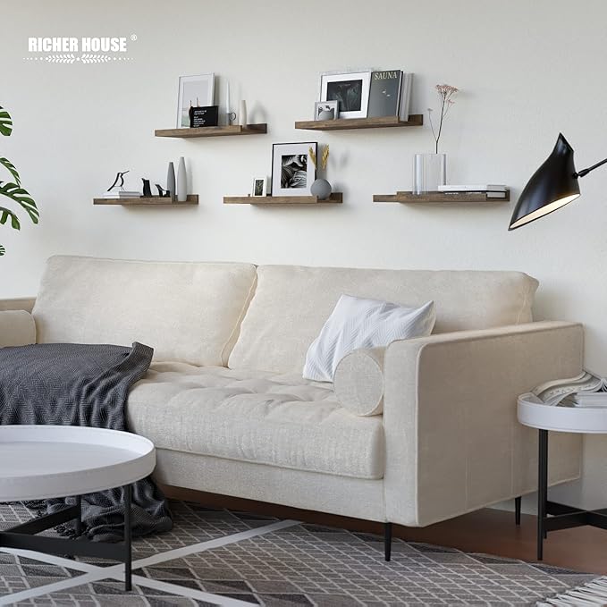 RICHER HOUSE 5 Set Floating Shelves for Wall Decor, Wall Mounted Book Shelf, Nursery Shelves Picture Ledge Shelf with Lip for Wall Storage, Bedroom, Living Room, Bathroom - Brown