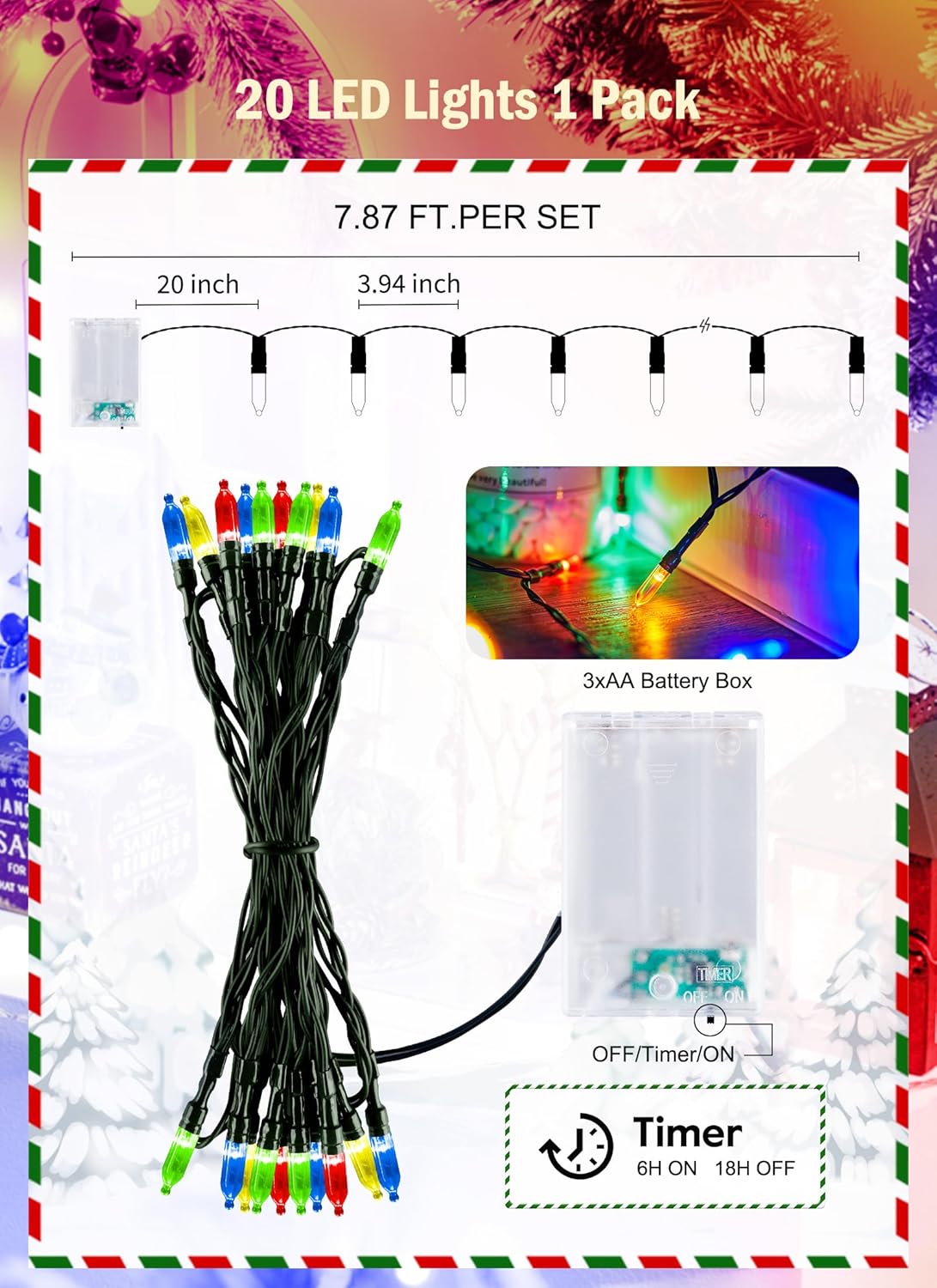 Battery Operated Christmas String Lights, 8ft 20 LED Mini Lights with Timer, Christmas Tree Lights for Indoor Outdoor Bedroom Wedding Party Holiday Xmas Decoration,Multicolor