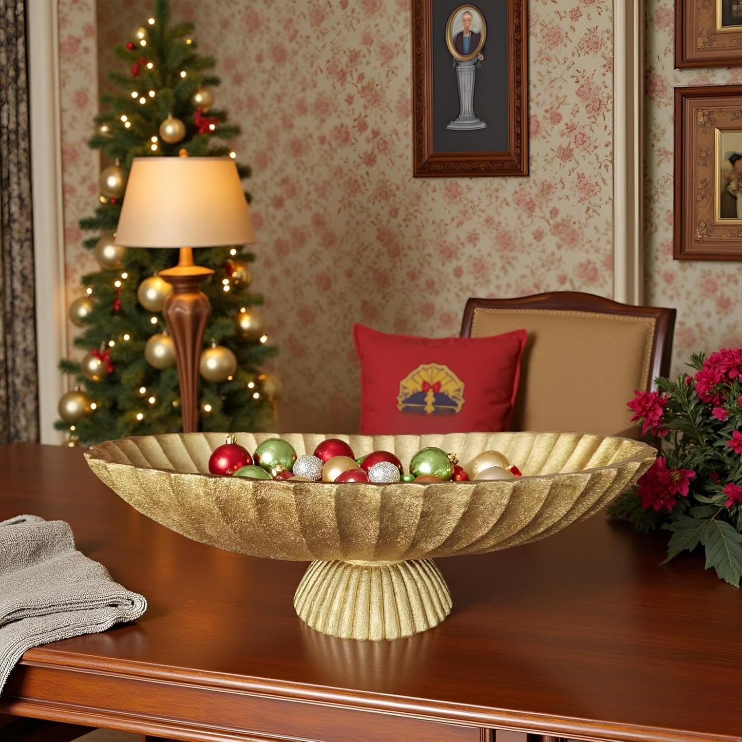 14.5" Large Decorative Long Bowl decor - Fluted Scalloped Decorative Bowls for Home Decor - Ruffle Decor,Stylish Key Bowl for Entry Table,Decorative Fruit Bowls for Kitchen Counter,Golden